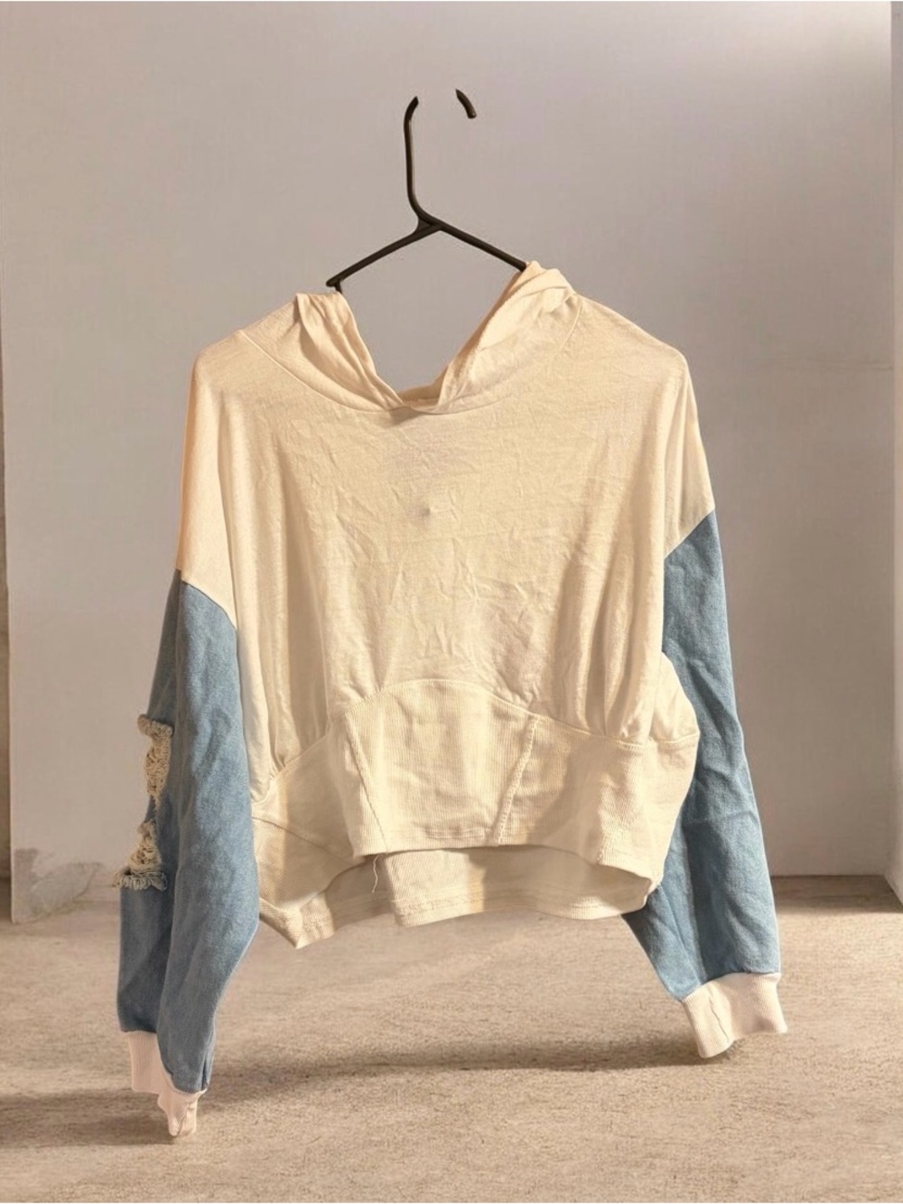 Women's Cream Cropped Hoodie with Blue Jean Sleeves